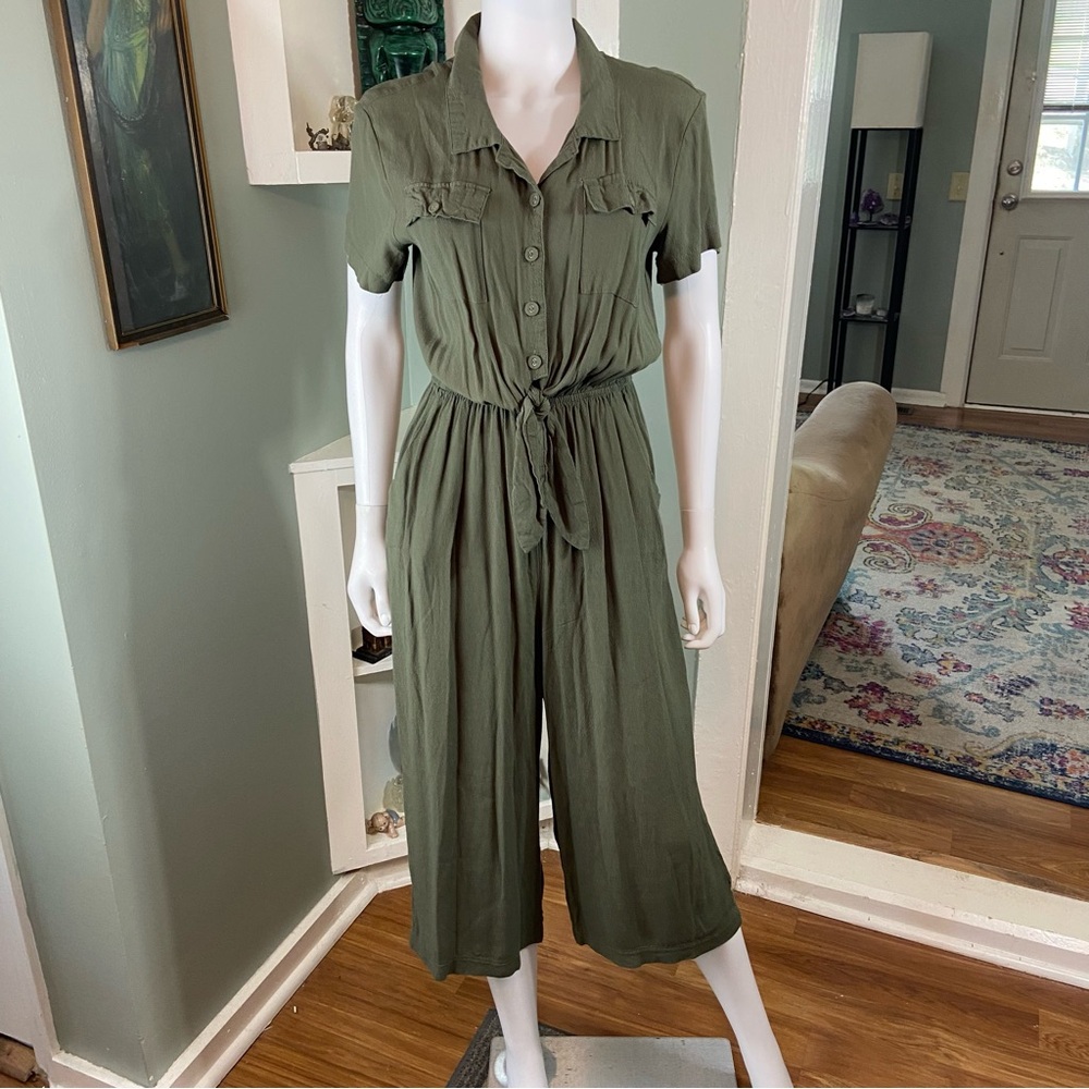 Universal Thread Army Olive Green Tie Rayon Jumpsuit cropped Wide Leg Small S